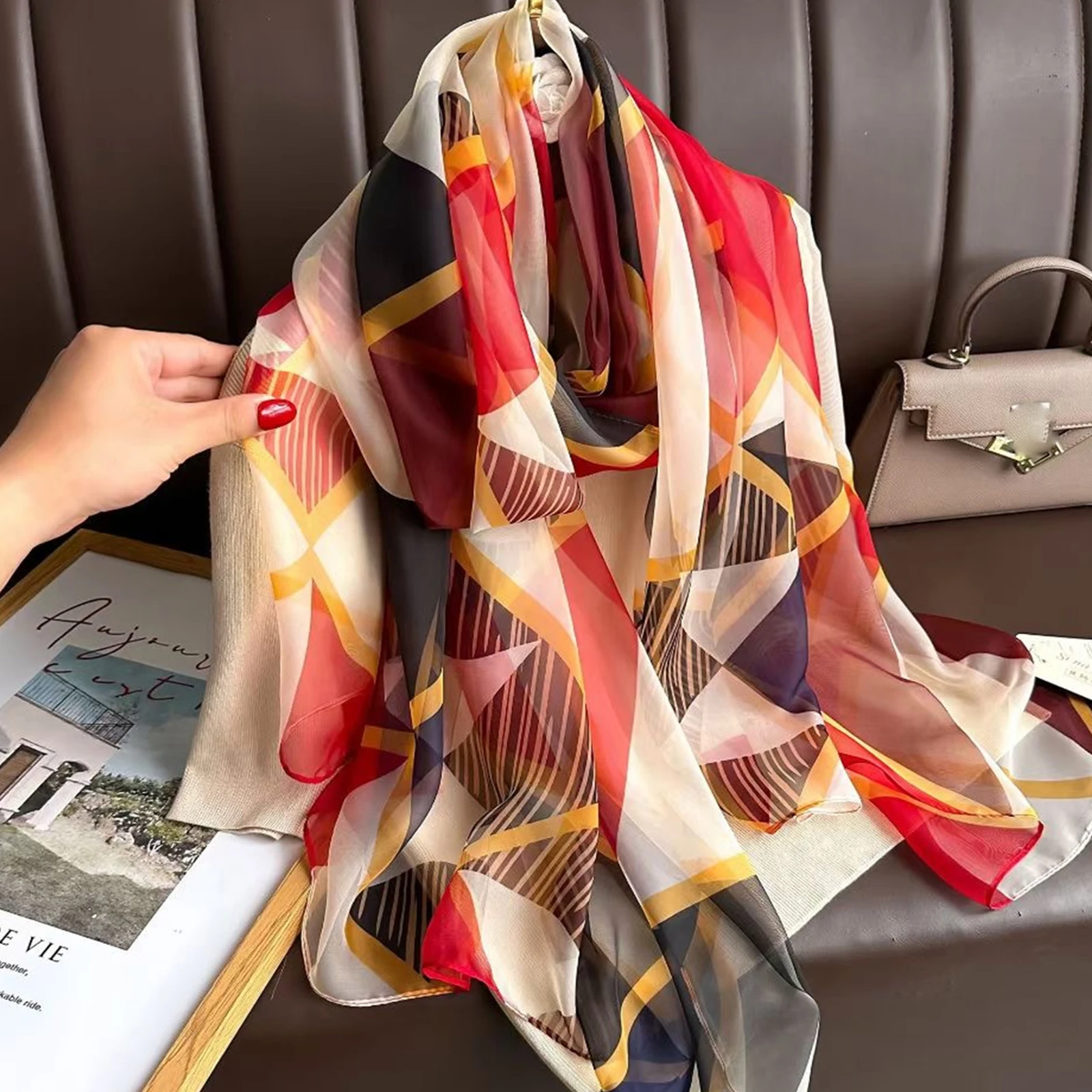 Popular Print Finish Silk Shawl Fashion Satin Sunscreen Scarves Female 185X135CM Style Beach Towel Luxury Dustproof Big Bandanna