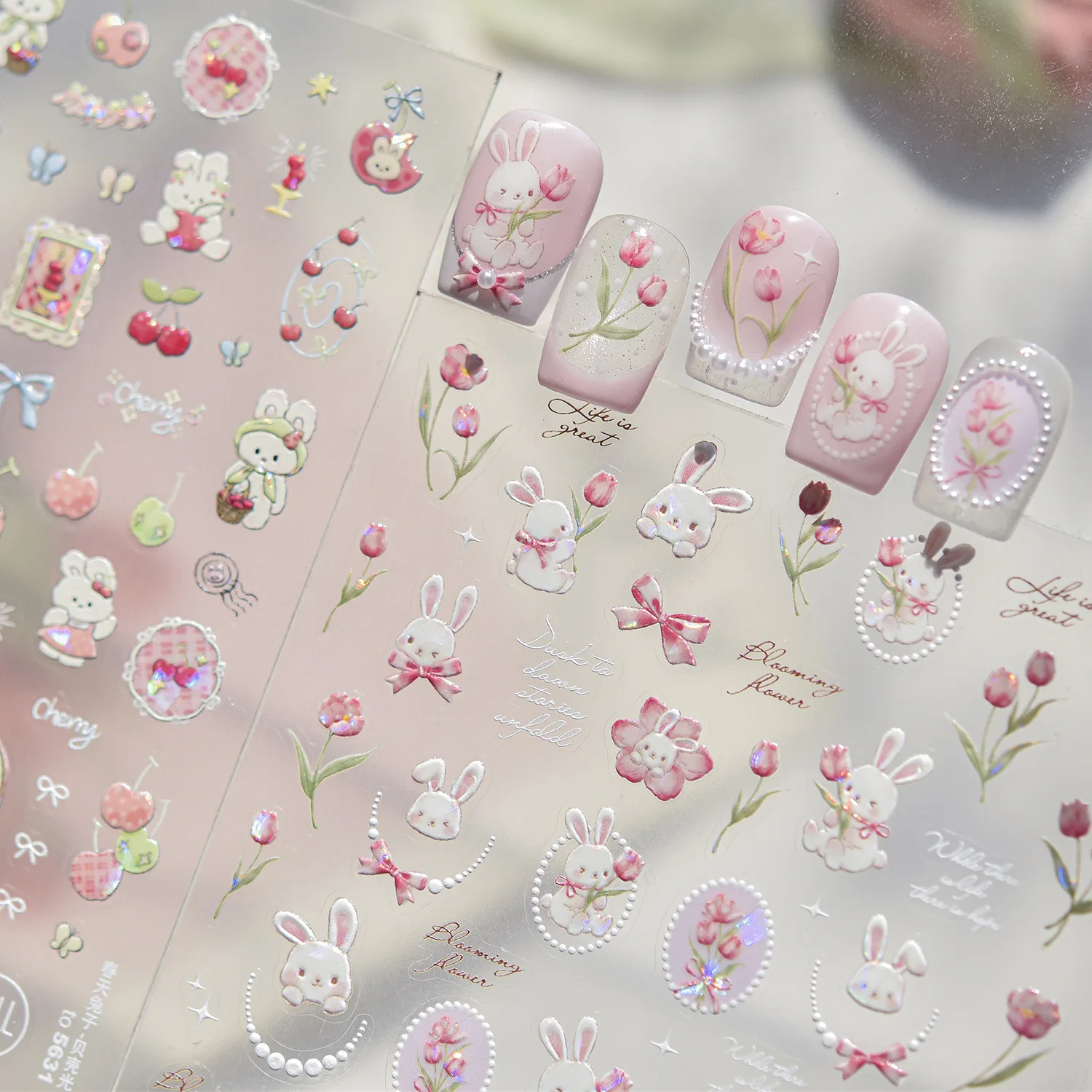 1 Stück Frühlings-Hasen Nagelkunst-Aufkleber 5D Muschel-Licht Nageldekorations-Sticker Süße Früchte Kirsche Schleife Tulpe Maniküre-Abziehbilder DIY