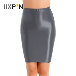 Womens Glossy Pencil Skirt Solid Bodycon Skirts Casual High Waist Rave Party Clubwear Elastic Miniskirt for Stage Performance