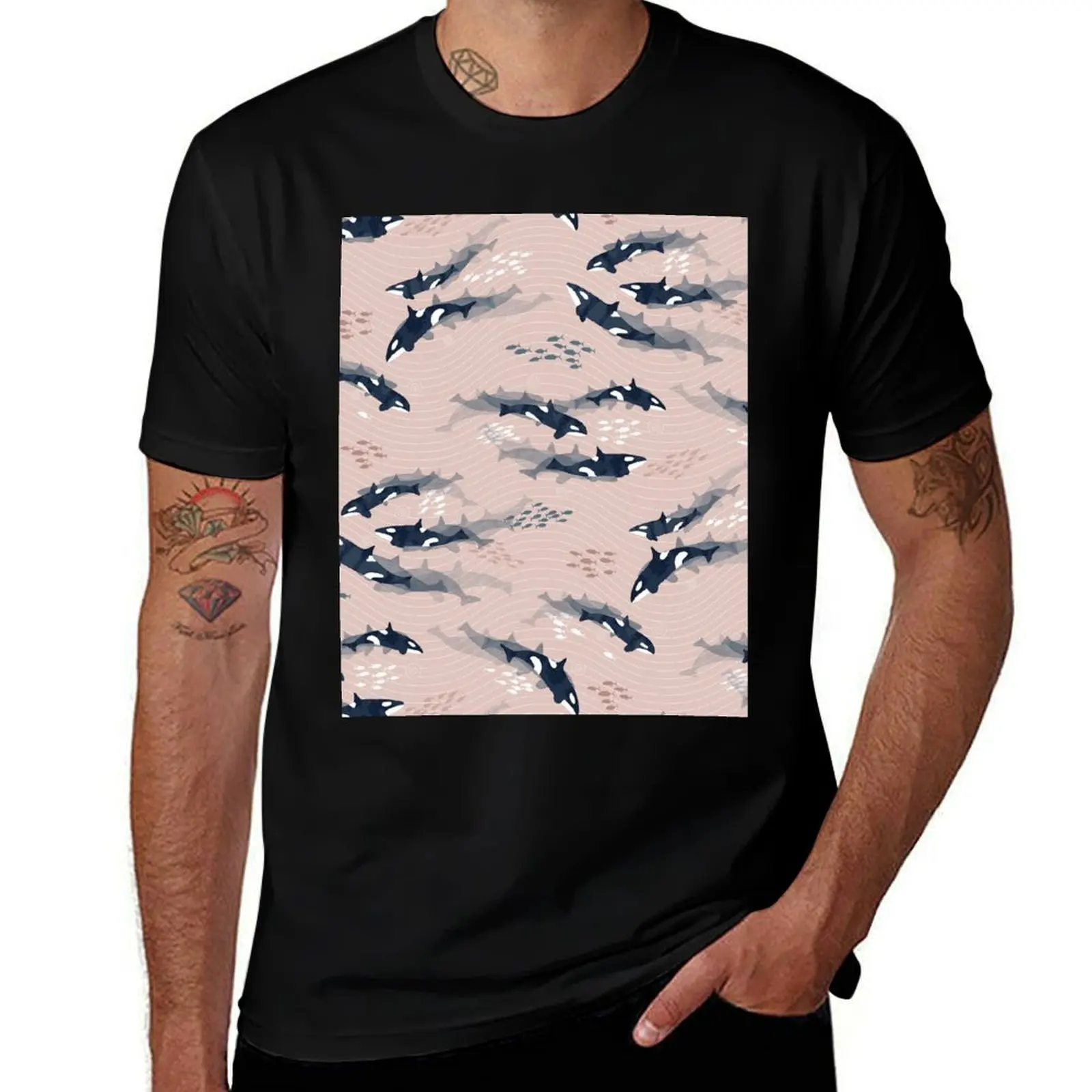 

Orca in Motion / blush ocean pattern T-Shirt Soft Durable Cotton T-Shirt