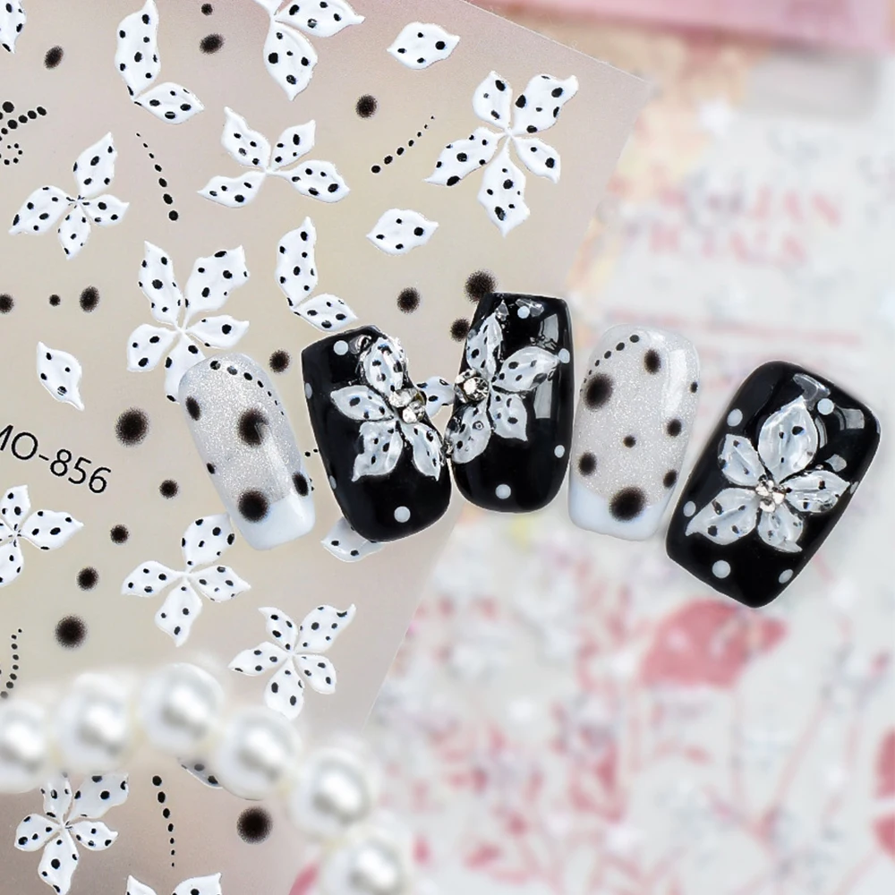 1pc Vintage Luxury Polka Dot 3D Nail Art Stickers Micro Embossed Bow Tie Hibiscus Floral Design Nail Decals DIY Manicure Decors