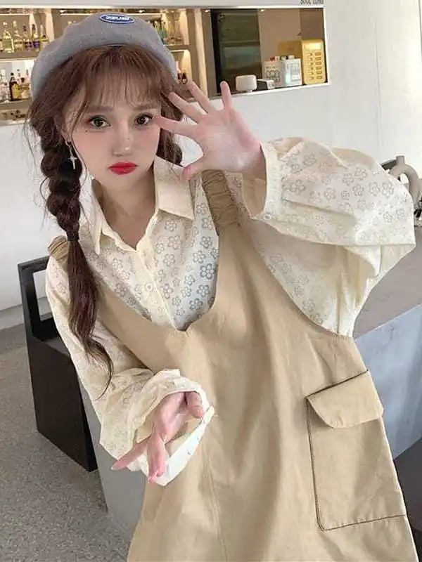 

Женский комплект из рубашки и юбки цвета хаки больших размеров, свободного кроя, осенняя мода, одежда больших размеров в корейском стиле, с длинными рукавами