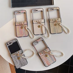 Fashion Woven Pattern Lovely Camellia Phone Case For Samsung Galaxy Z Flip 6 5 4 Z Flip5 Flip6 Flip4 5G Hinge Cover with Chain