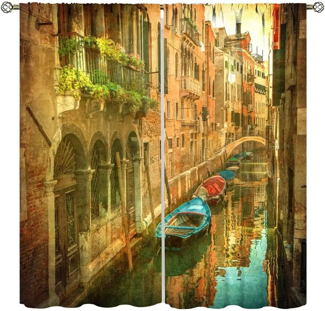 Vintage Italian Venetian Landscape Curtains, 2 Panels European Scenery Drapes for Home Decor