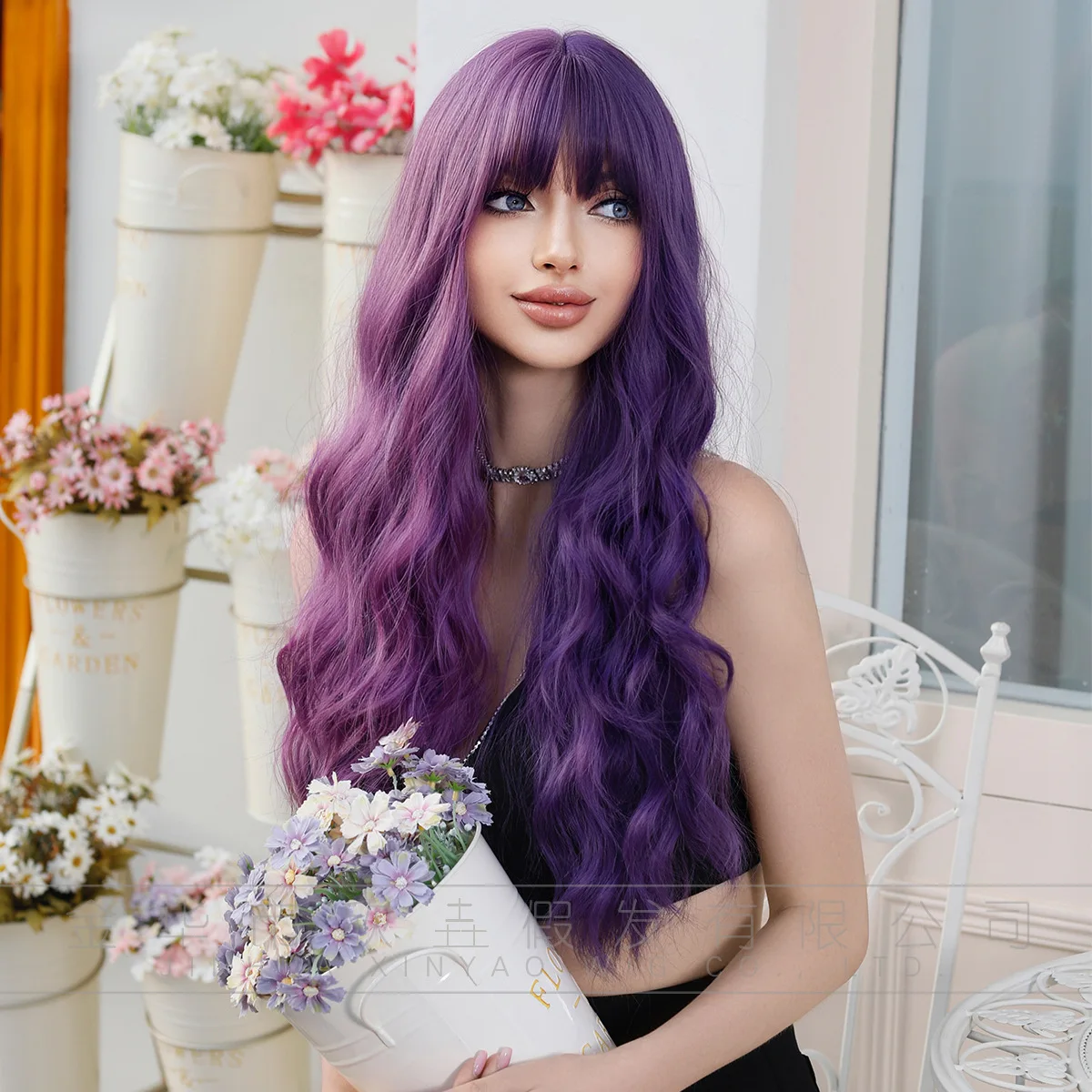 

Stage play Halloween purple wig female wavy long curly hair bangs long hair chemical fiber wig headgear.