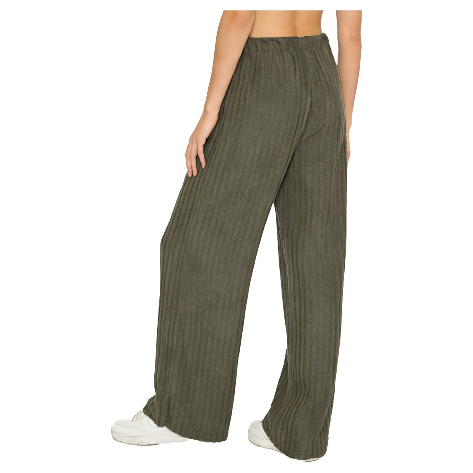 Fashion Womens Cozy Ribbed Wide Leg Pants with Elastic Waist And Drawstring Pockets Knitted Loose Trousers for Casual Going Out