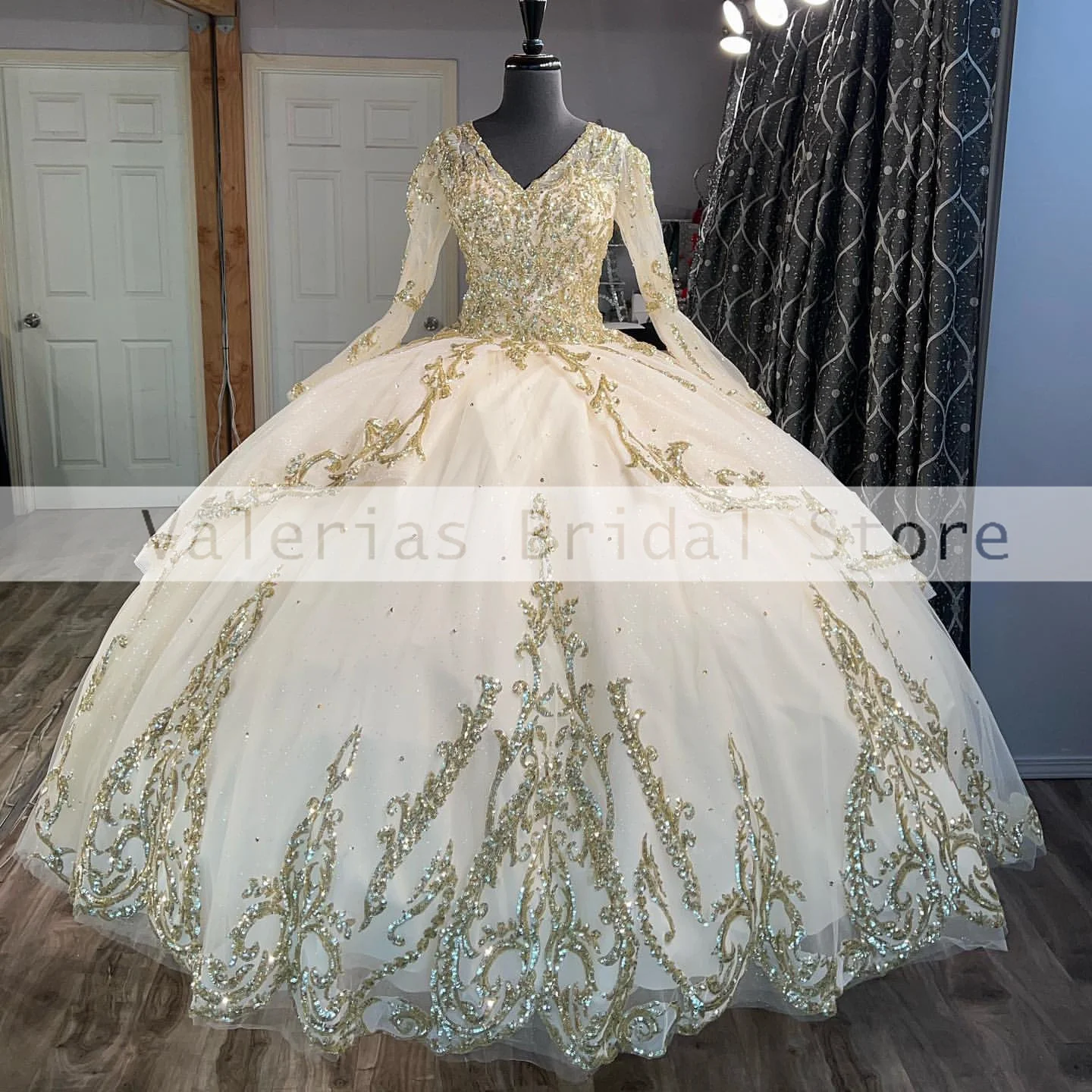 Vestido de quinceañera champán brillante, vestido de baile de tul de manga larga con lentejuelas, dulce 16, Vestidos de fiesta formales, 15 Vestidos