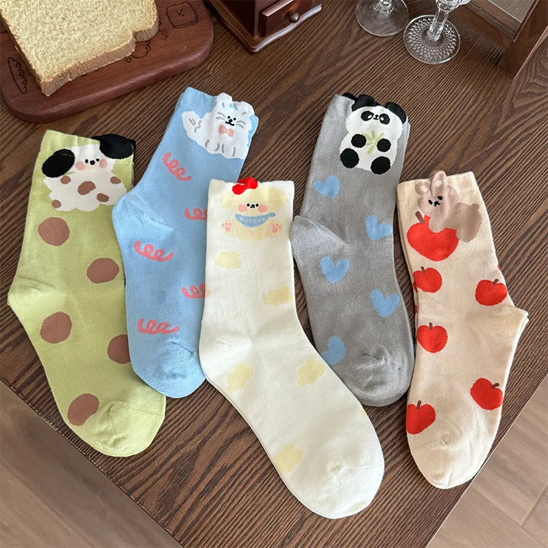 5 Pairs Women's Socks Set Japanese Funny Cartoon Dog Kawaii Cute Sweet Preppy Style Comfort High Quality Cotton Socks For Girl