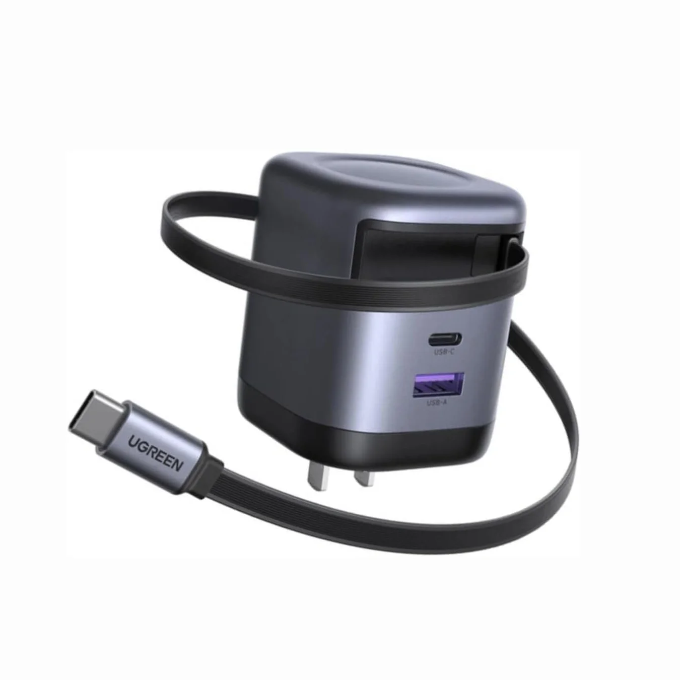 

UGREEN 65w Retractable USB C Charger Block with Built-in Cable, GaN Fast Charging Wall Charger 2 Ports Compatible with iPhone