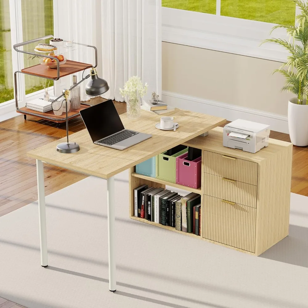 

L Shaped Wooden Desk with 3 Drawers: 53" Oak Large L Shaped Desk with Storage, Home Office Desks with File Drawers, Fluted Execu