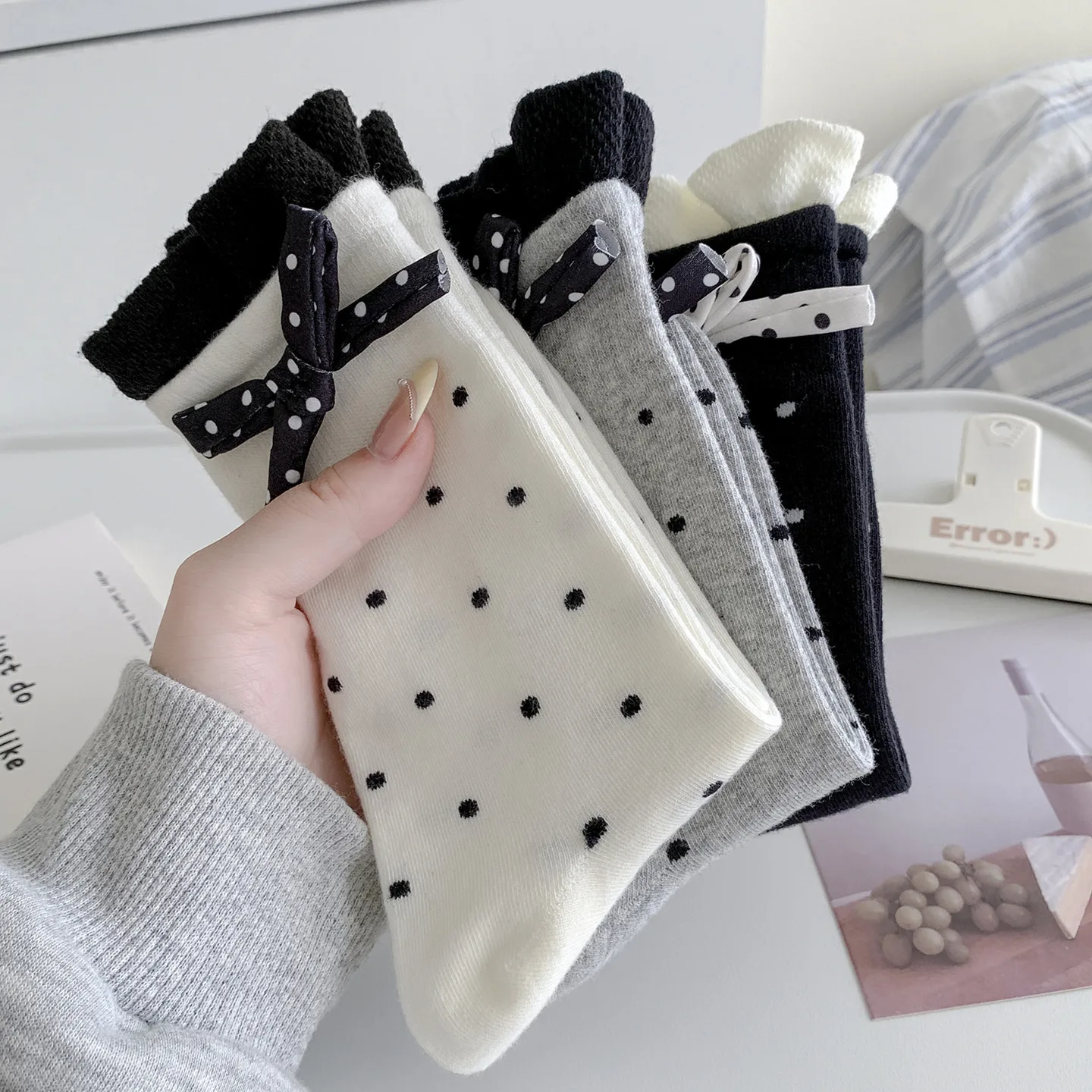 1 Pair Women Cute Polka Dot Crew Socks With Bow,soft Breathable Mid Calf Socks,sweet Y2k Aesthetic Daily Casual Wear Socks