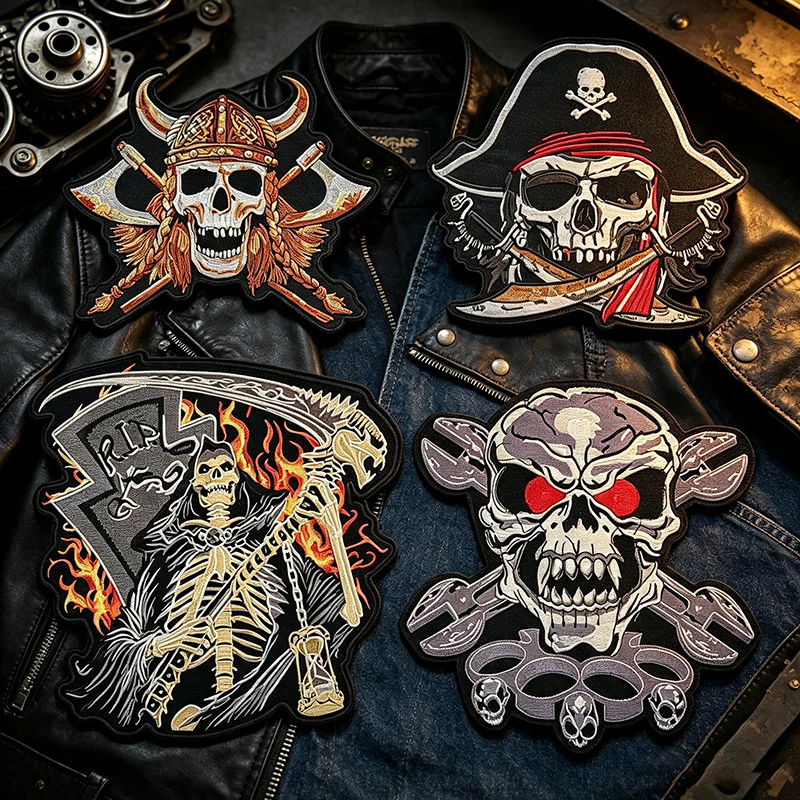 Large Flame Skull Wrench Double Broadsword Embroidery Patch Iron-On Applique for Jacket Back Motorcycle Biker DIY Clothing Decor