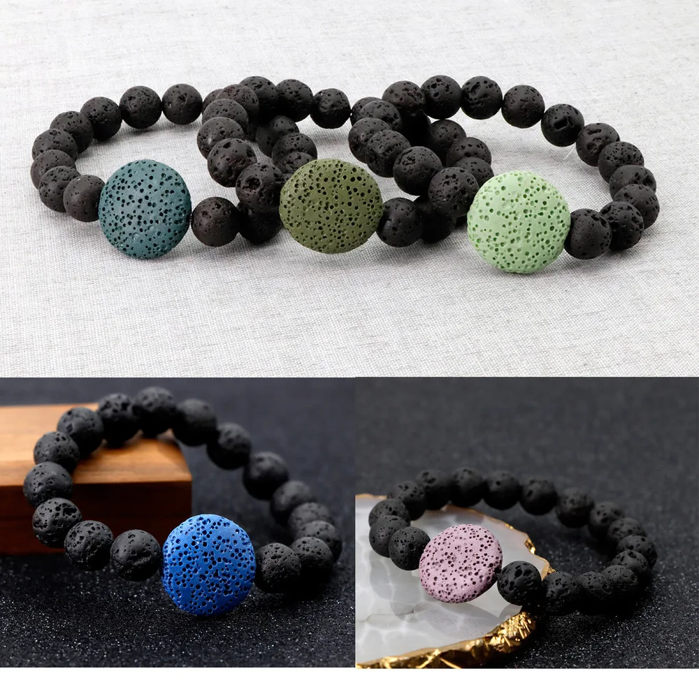 

12pcs Flat Round 10mm Colorful Lava Stone Bracelet DIY Essential Oil Diffuser Black Beads Friendship Bracelets Women Men Jewelry