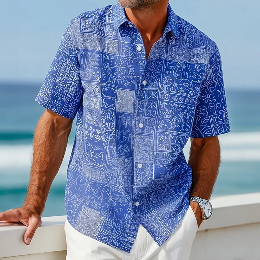 

Men's Turndown Short Sleeve Grid Plaid Floral 3D Print Shirt, Aloha Hawaiian Beach Vacation Tops Blue Pink Spring Summer