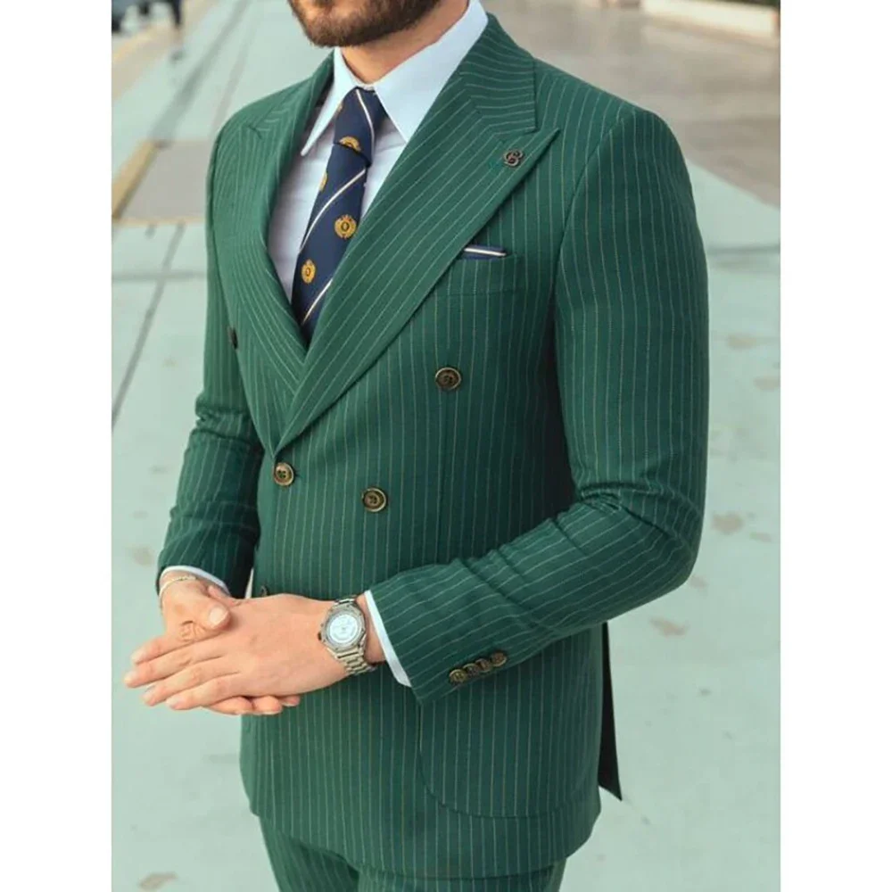 

Gothic Green Stripe Double Breasted Peak Lapel Back Vent Regular Length Wedding Full Set Luxury 2 Piece Jacket Pants Costume Set