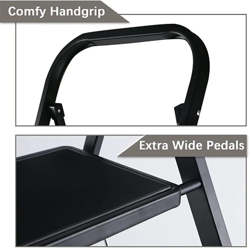 GERICCO Ladder Foldable Multifunctional 4 Step Ladder Non-slip Rubber Handgrip Portable Sturdy Black Steel Stool Ladder for Home