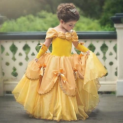 Girls Cosplay Party Dress Girl Yellow Fashion Dresses Kids Vintage Evening Prom Gown Children Layered Floral Birthday Costumes