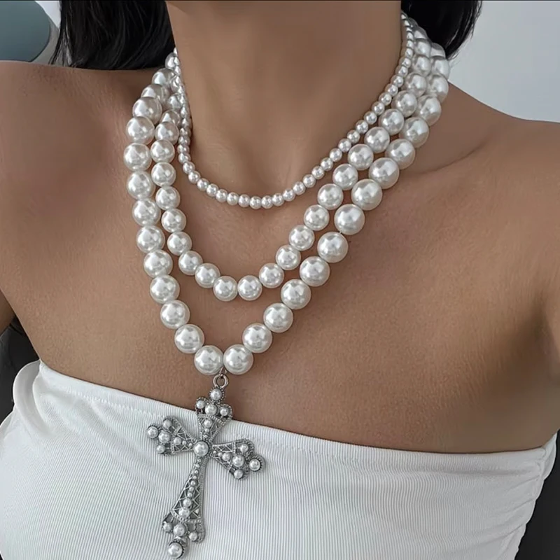 Gothic Pearl Cross Pendant Necklace for Women Girls Fashion Punk Retro Layered Chains Necklace Party Jewelry Accessories Gifts
