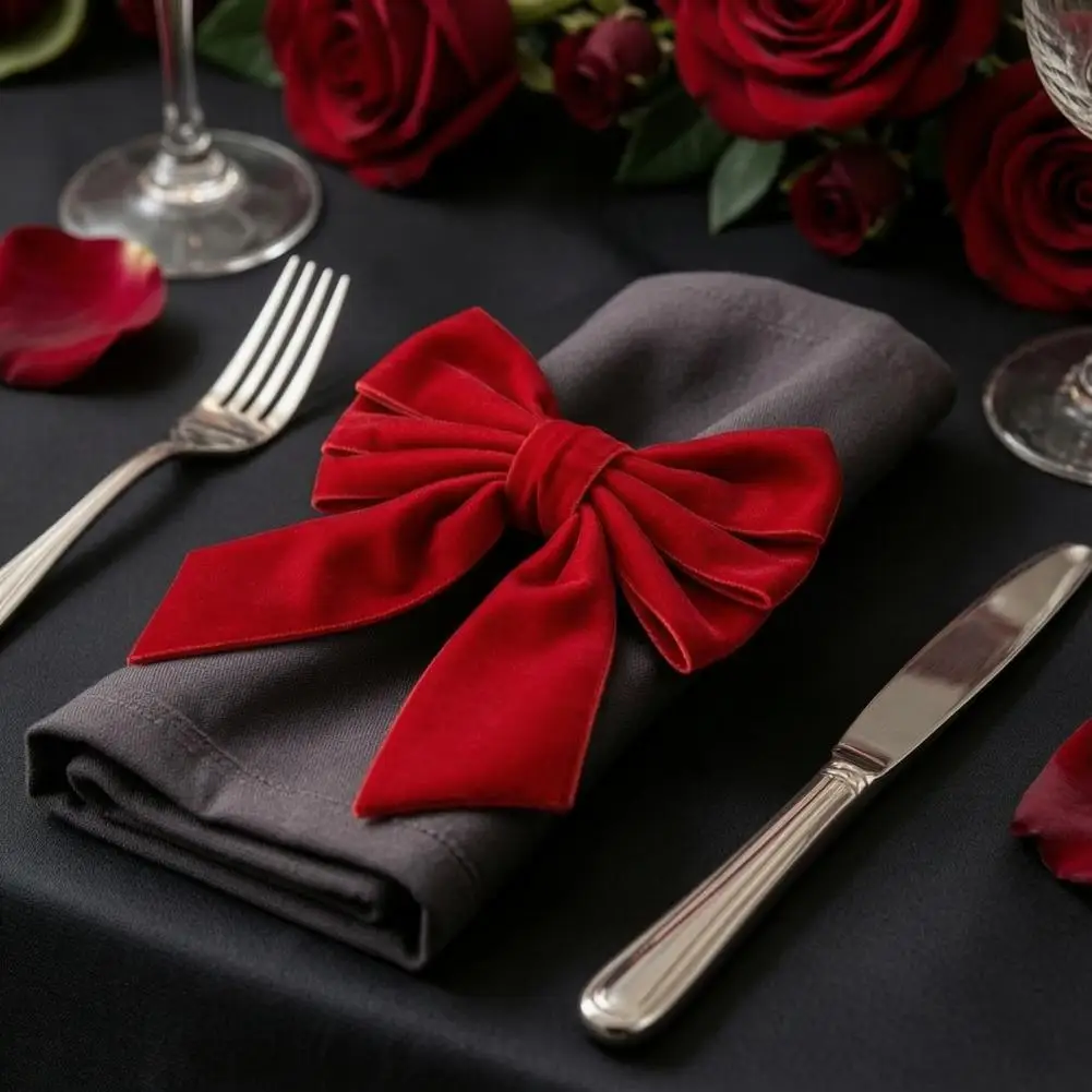 Table Setting Accessories for Holidays 6pcs Velvet Bow Napkin Rings Set Christmas Fabric Napkin Holders Holiday Party for Dinner