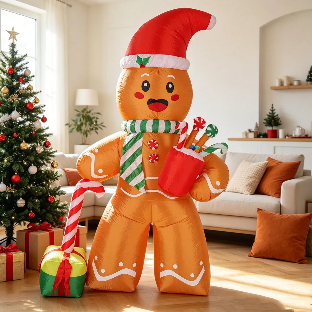8FT Christmas Inflatable Gingerbread Man with Gift Box Candy Cane Built‑in LED Light Outdoor Yard Garden Xmas Holiday Decoration