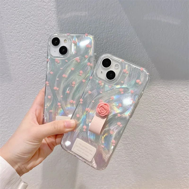 Funda de teléfono con diseño de muselina plateada con personalidad, soporte de anillo de flores, fundas de protección para iPhone 15, 14, 13, 12 Pro Max