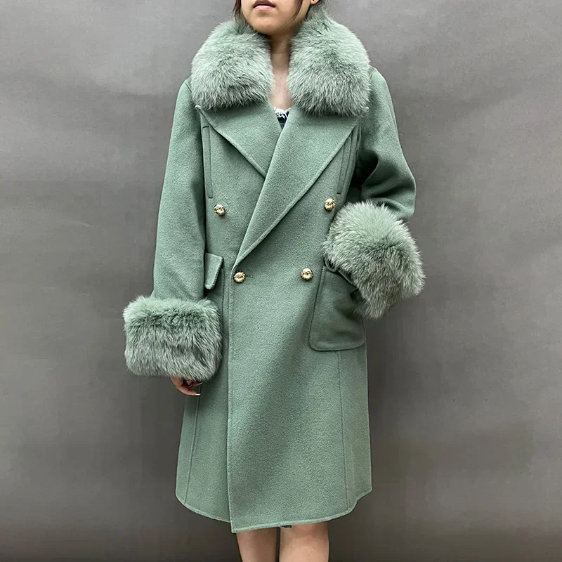 

2024 Women's Winter Real Wool Cashmere Coat Fashion Jacket Real Fox Fur Collar Cuff Outerwear LZ5908