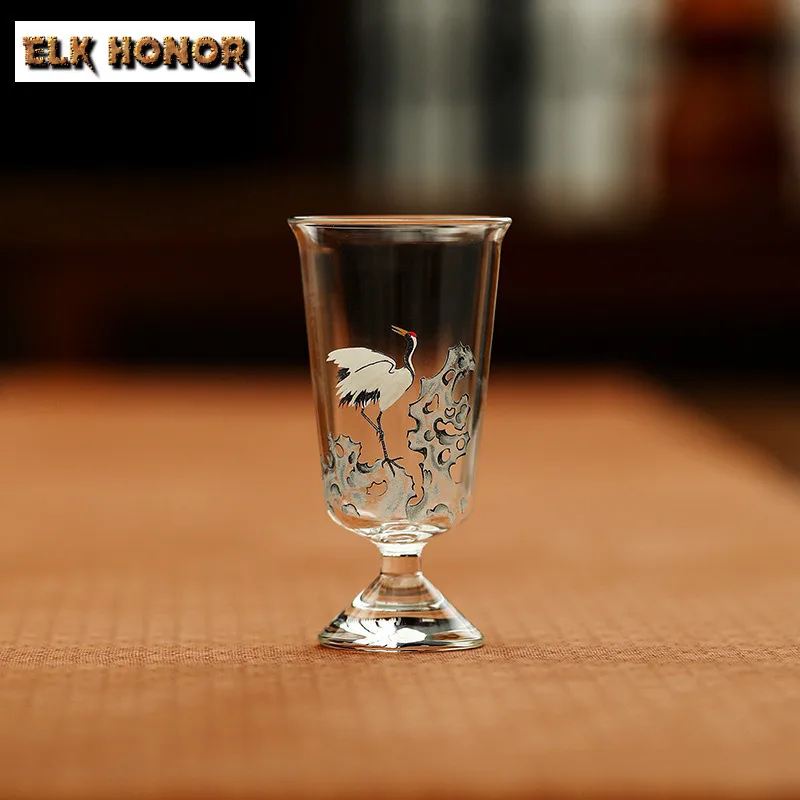 

2 шт./лот, 60 мл, стеклянная чашка с журавлем синей сосны, бутик, чайная чаша, набор чайных чашек, чашка для медитации, чашки Jianzhan Master, чайный набор