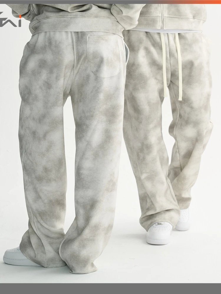 بنطال رياضي رجالي ملابس الشارع رمادي التعادل صبغ الصوف الثقيل الرباط فضفاض صالح مستقيم الساق عادية ريترو الخريف الشتاء الاتجاه الزي #2