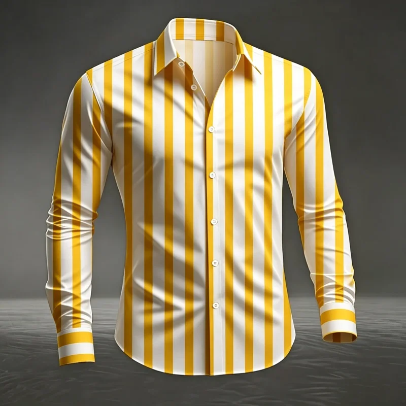 2026 Men's Vertical Stripe Print Long Sleeve Shirt Fashion Slim Fit Button Down Casual Business Blouse Tops