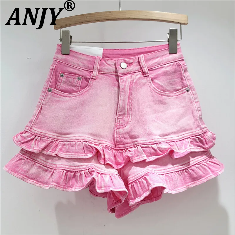

ANJY Summer New Women Chic Korean Sweet Streetwear Versatile Casual Fashion Patchwork Pocket Ruffles Wide Leg Denim Shorts A7671