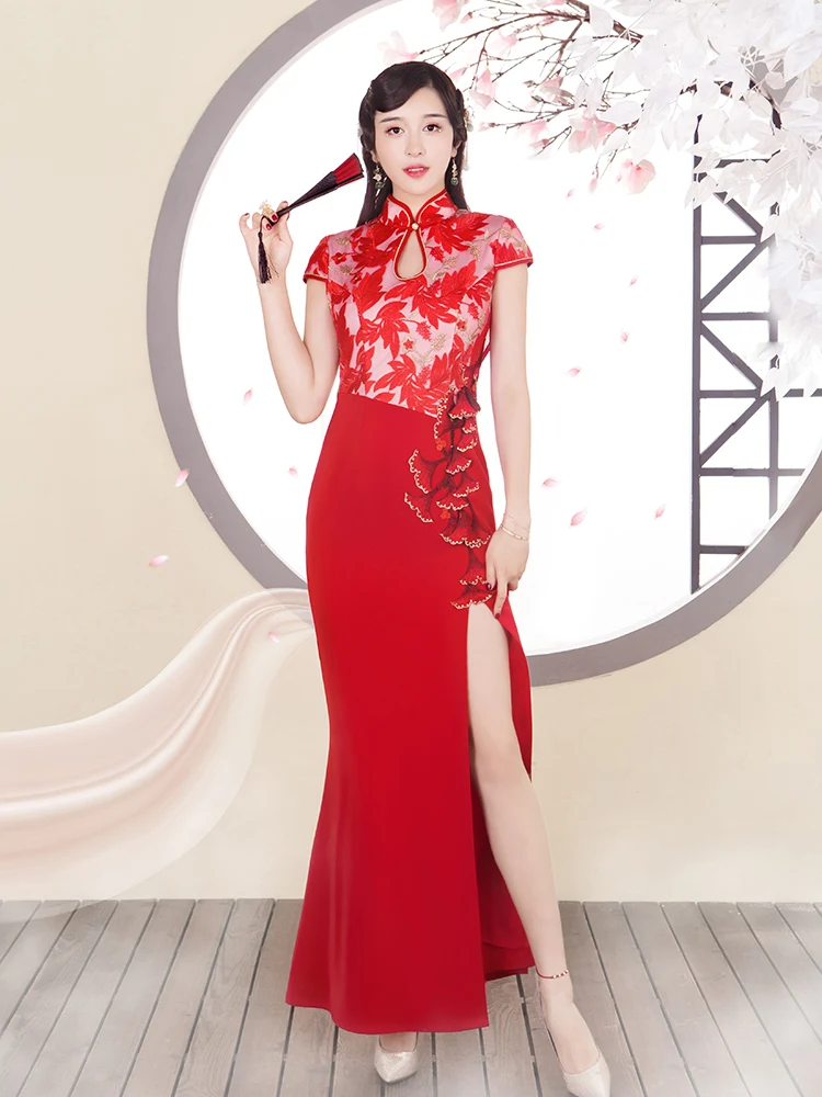 

Весеннее длинное красное вечернее платье с высоким разрезом, круглым вырезом и из полиэфирного волокна, класса люкс