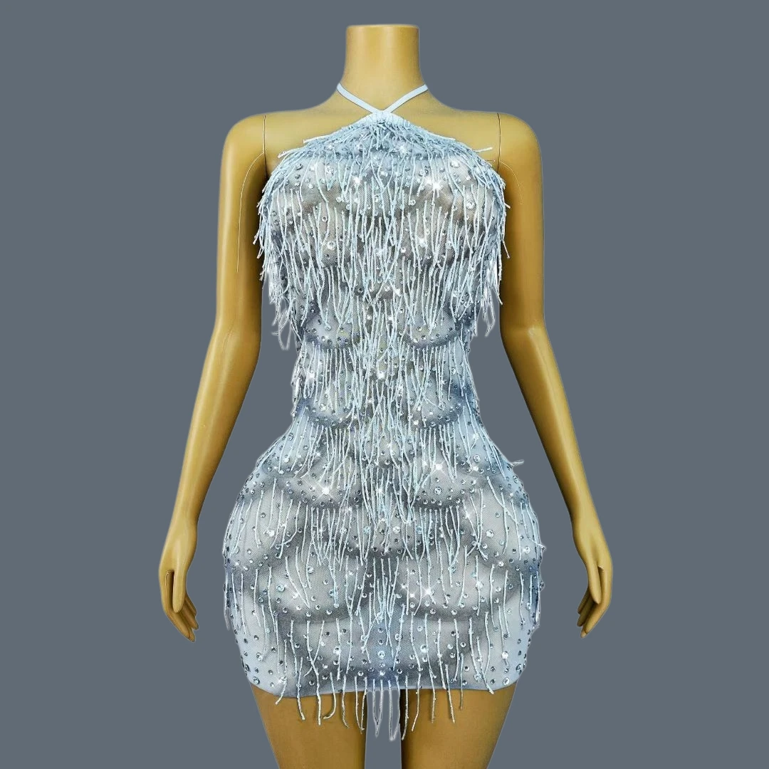 

Women Birthday Party Rhinestones Tassels Short Dress Club Dance Show Sexy Fashion Stage Costume Sparkly Bandage Dress Yuebanlian