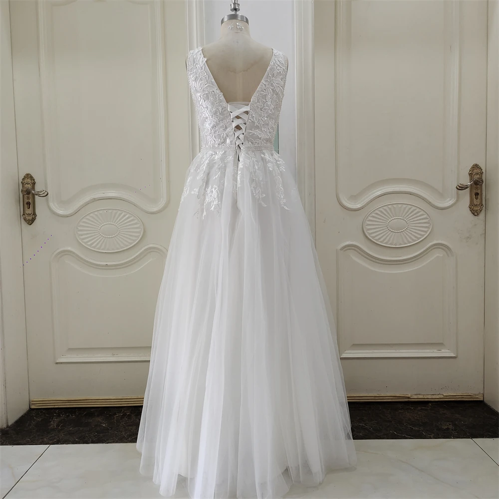 ZJ6053  Lace Appliques Pearls Tulle Wedding Dresses V-Neck Sleeveless Floor-Length Ruffled Bridal Dress Long Wedding Gowns