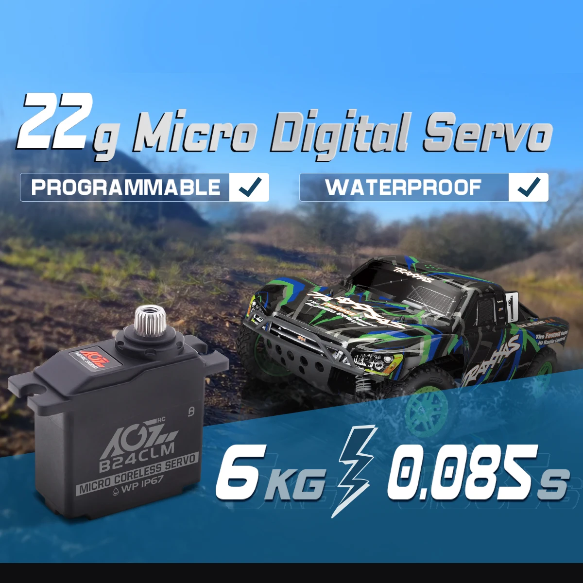 AGFRC-alta velocidade Coreless Micro Digital impermeável Servo, Mini asa, RC carro, caminhão, E-Revo Slash, 4WD, 6kg, 0.085Sec, 6kg, B24CLM