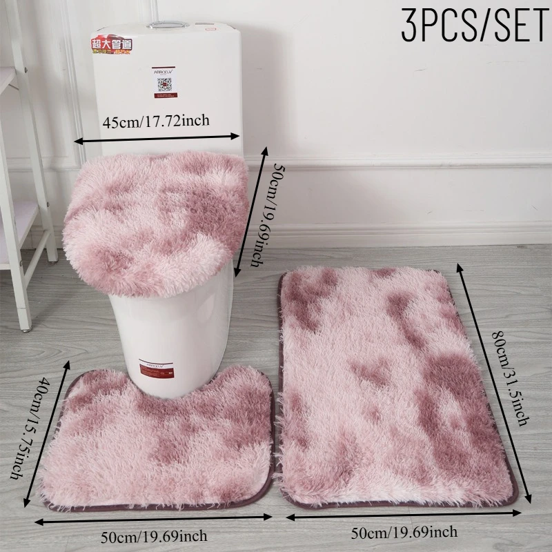3PCS/SET Floor Mat Polyester Thick Long‑Hair Bathroom 3‑Pcs Mat Set Dust‑proof Toilet Lid Cover U‑Shaped  Home Bathroom Matching
