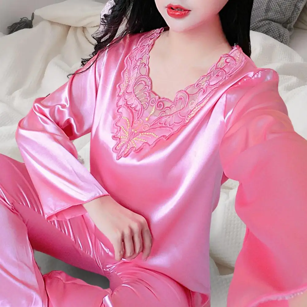 2 Pcs/Set Women Pajamas Set Silky Long Sleeves V Neck Solid Color Loose Sleeping Lace Plus Size Women Nightie Set for Bedroom