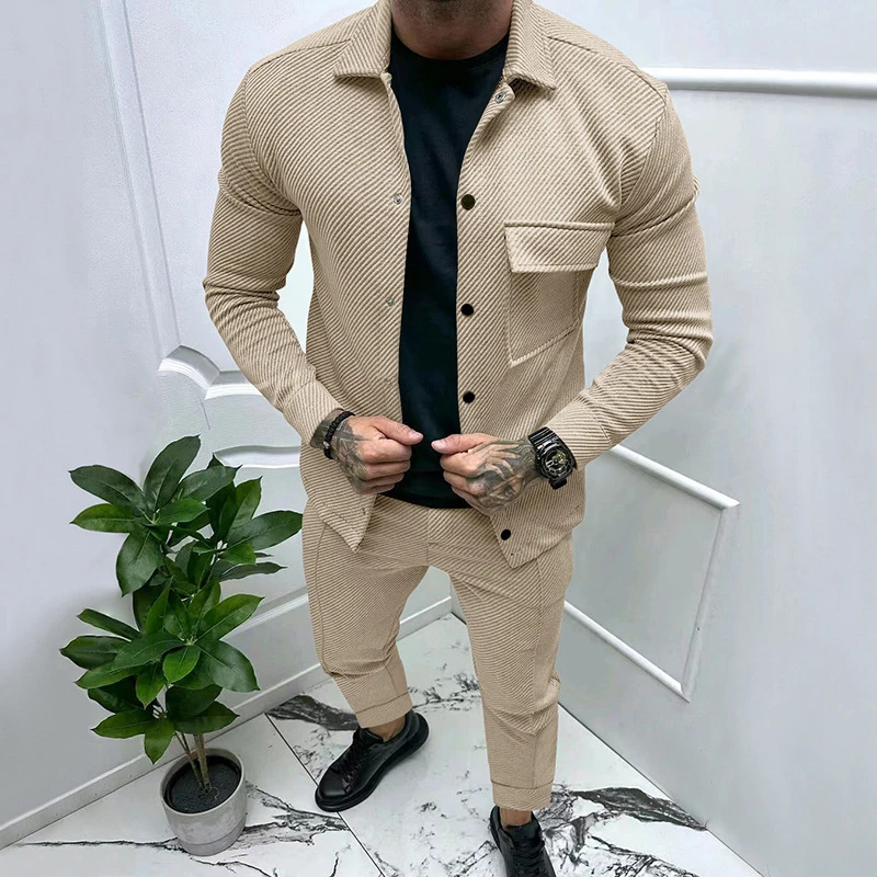 

2024 Long Sleeve Button Lapel Jacket Tops And Pockets Pants Set Men Clothing Autumn Fashion Suits Streetwear Winter Tracksuit