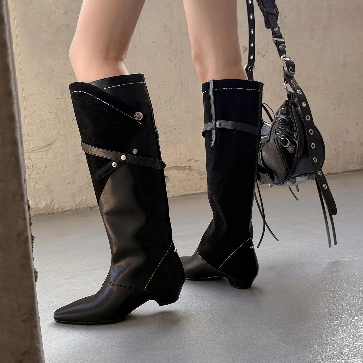 Autumn black cowhide Skinny boots Square toe slip-on Low heel Knee high boots Large rivet Women's Boots