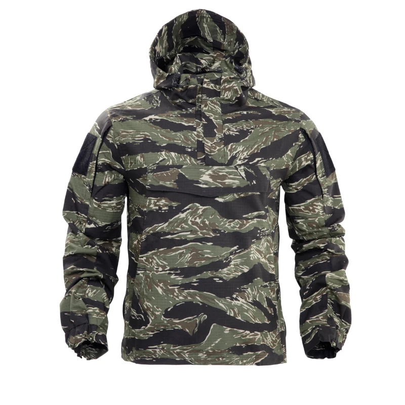 Hooded Combat Windbreaker Mens Quick Drying Wear-resistant Elastic Hunting Pullover Big Pocket Camouflage Tactical Jacket