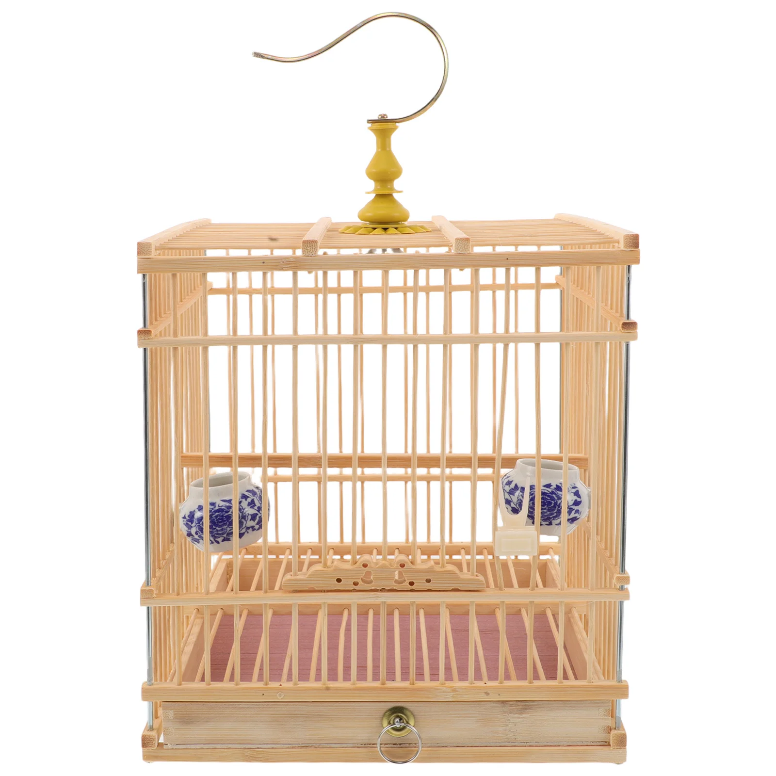 

Handmade Bamboo Bird Cage Rectangular Vintage Decorative Pet Habitat Removable Tray Hanging Hook for Small Birds Balcony Garden