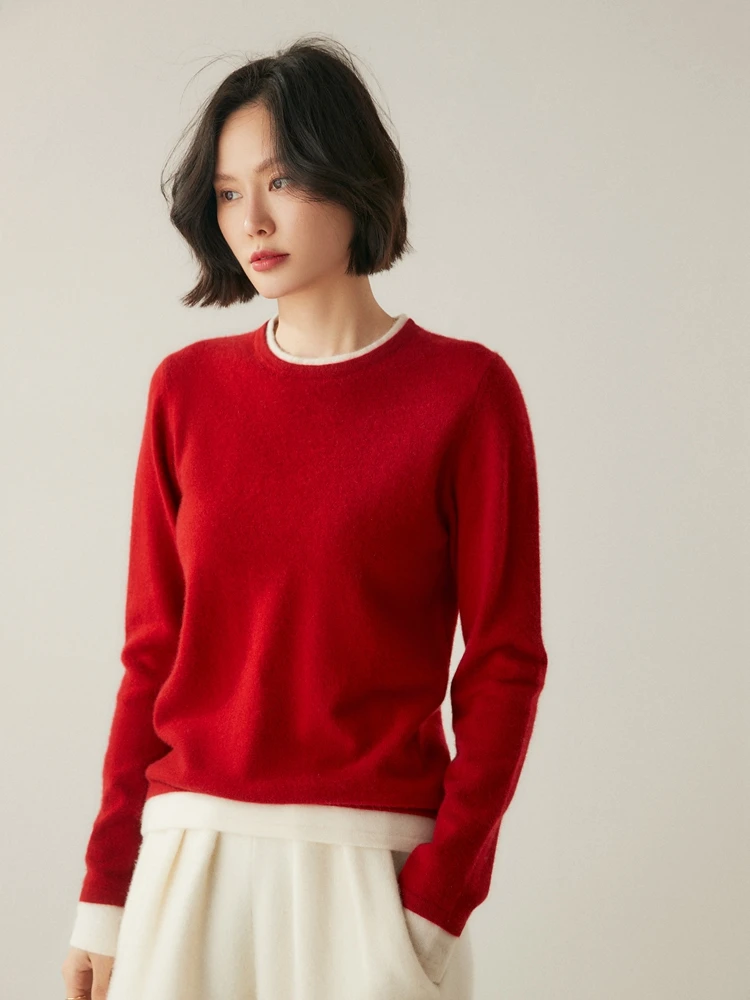 Suéter falso de dos mujeres de alta calidad, jersey con cuello redondo, 100% de punto de Cachemira, Otoño Invierno, ropa Popular Coreana suave básica, Tops