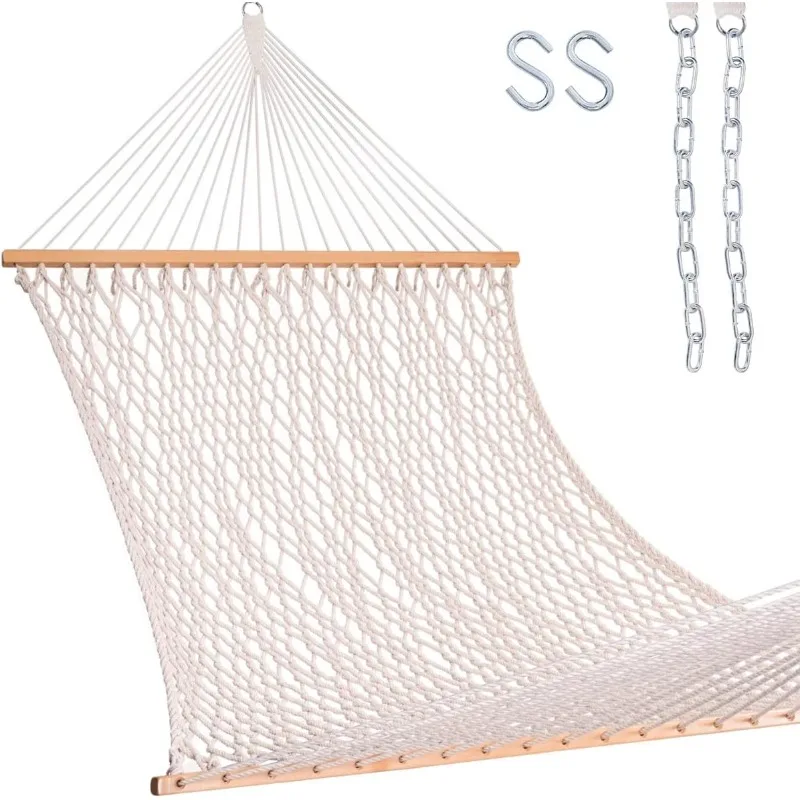 12FT Double Rope Hammocks, 2 Person Hand Woven Cotton Hammock with Spreader Bar for Outdoor, Indoor, Patio