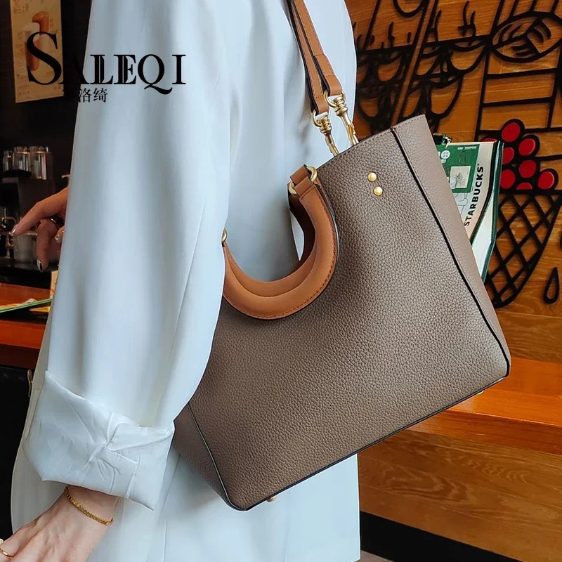 New Genuine Leather Women's Bag Retro Casual Contrast Tote Bag Commuting Large Capacity One Shoulder Handbag Crossbody Bag