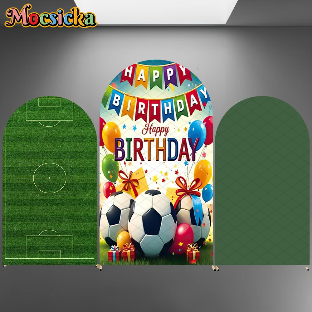 

Mocsicka Happy Birthday Arch Backdrop Cover Green Football Field Kid Baby Shower Boy Photo Arched Background Balloons Decoration
