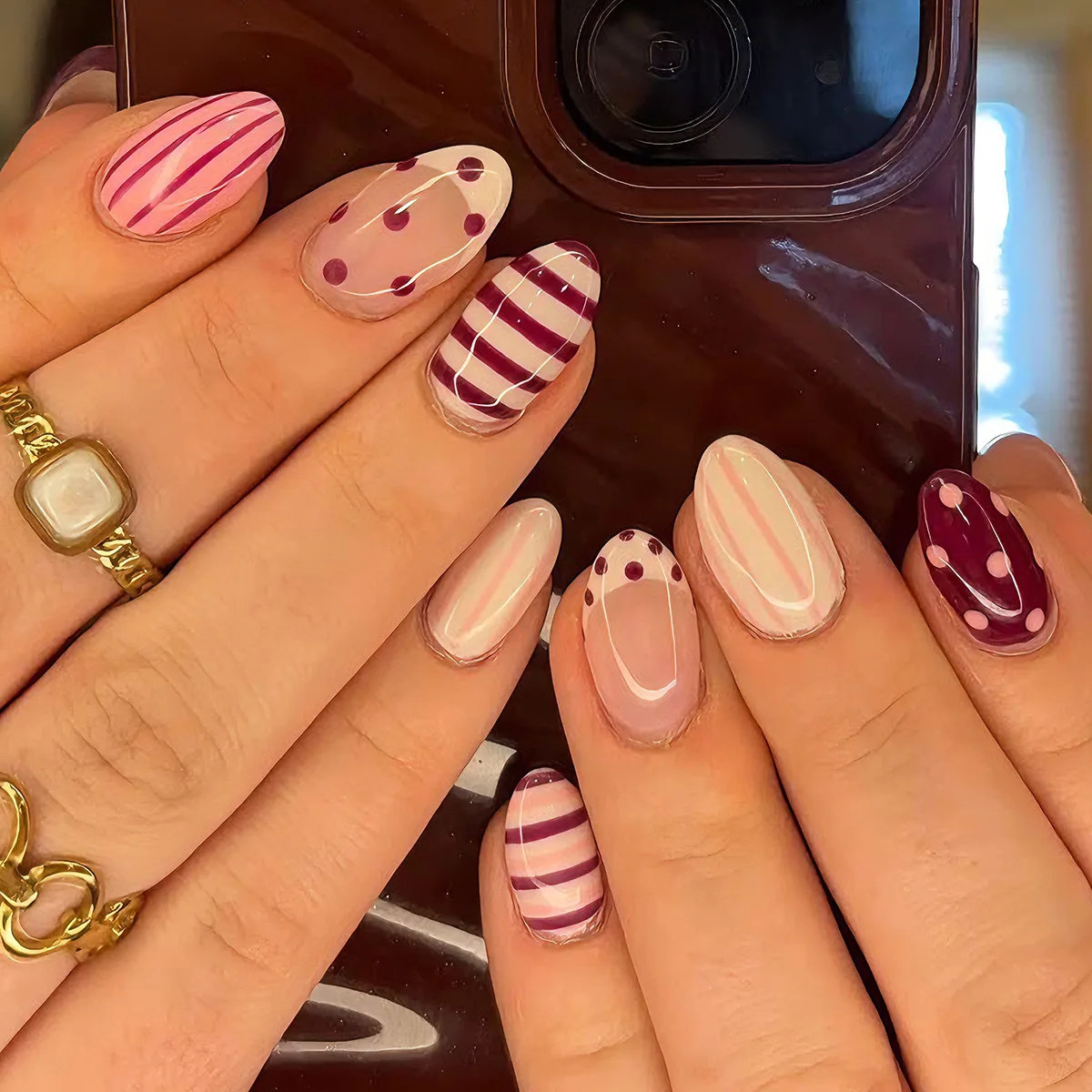 Press on Nails Short Almond Pink Polka Dot False Nails Polka Dot Printed Full Cover Detachable False Nails Art Acrylic Nails
