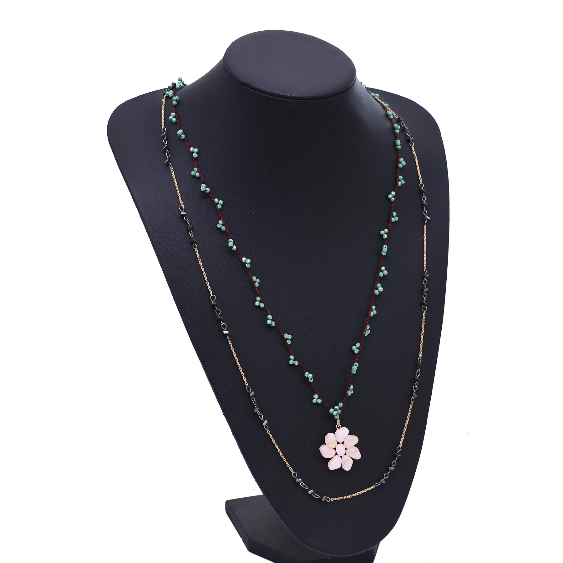 Trendy Resin Pink Flower Pendant Long Chain Necklace Earrings Jewelry Sets For Women Charm Weave Beads Female Accessory Gift
