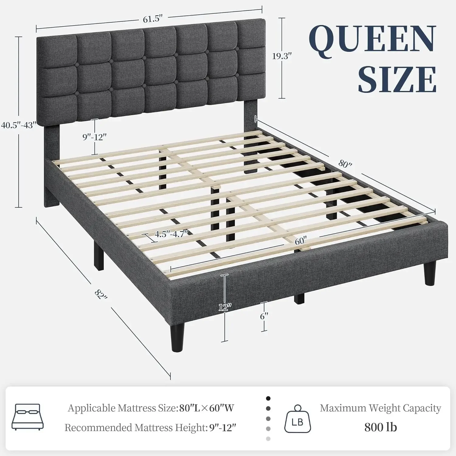 Upholstered Bed Frame, Modern Queen Bed Platform with Square Stitched&Button Tufting Headboard Height Adjustable, Wood