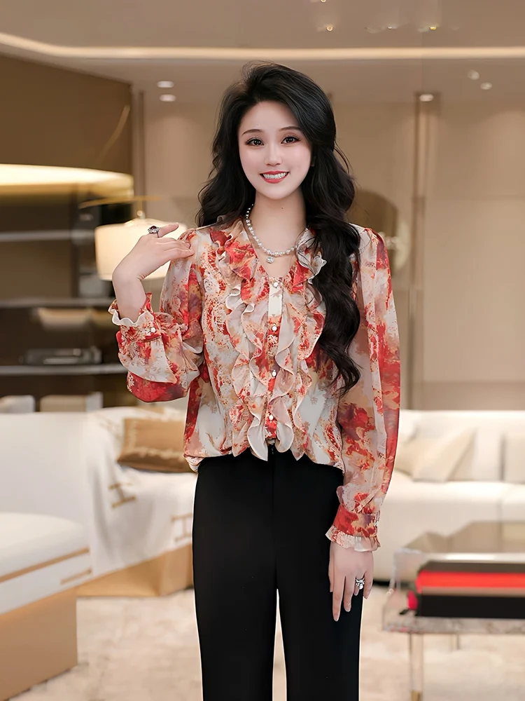 

Женская блузка Mehui Kissed by the Floating Luxury Spring V-ne с кружевной отделкой, скрывающая живот, с эффектом похудения, с длинными рукавами, во французском стиле
