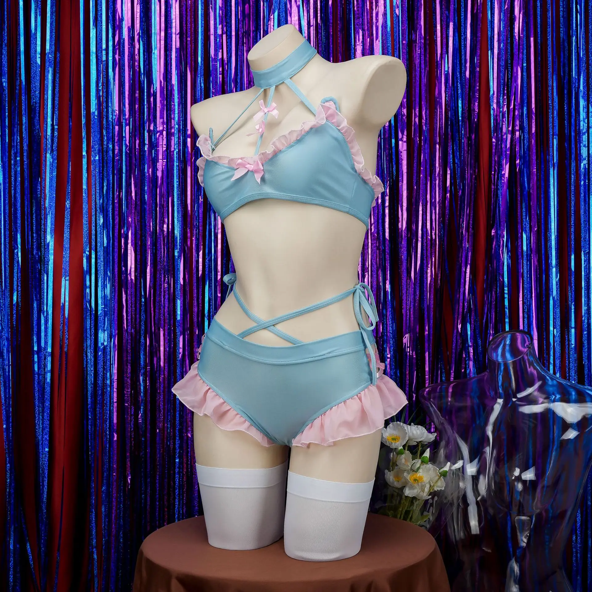 Bañador de Anime para mujer, ropa interior con volantes y Espalda descubierta, traje de baño Sexy para fiesta en la playa, color rosa y azul