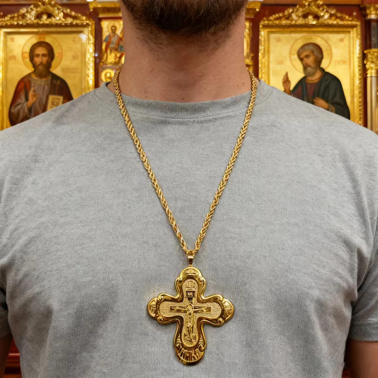Neues 2026 Orthodoxes Brustkreuz Orthodoxe Jesus-Halskette Katholisches Kruzifix Brustkreuz Goldanhänger Kreuzkette Religiöser Schmuck – Detail 7
